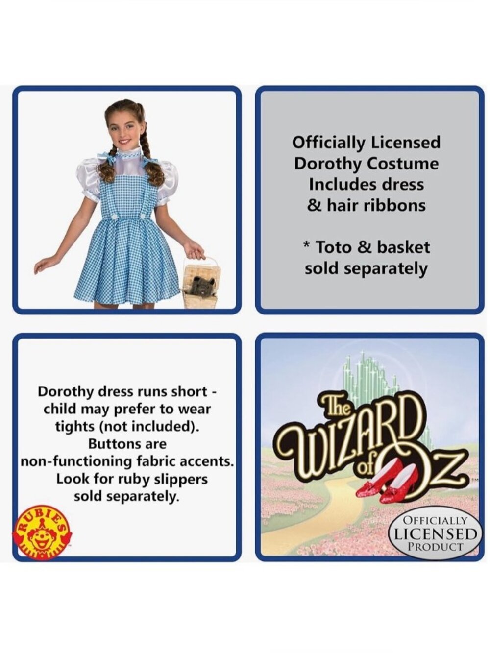 Wizard of Oz Dorothy Costume Dress Blue White Gingham Hair Bows Girls Medium 7-8 - Picture 4 of 16